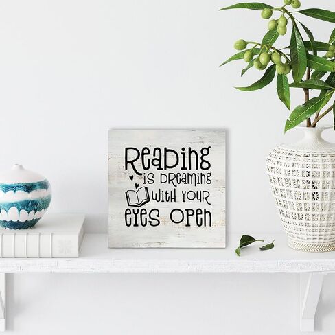 Rustic Reading Quote Wood Box Sign Bookshelf Wooden Box Sign Farmhouse Home Desk Shelf Decor for Bookworm Booklover (5 X 5 Inch) in Saudi Arabia