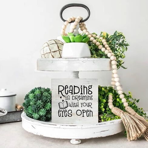 Rustic Reading Quote Wood Box Sign Bookshelf Wooden Box Sign Farmhouse Home Desk Shelf Decor for Bookworm Booklover (5 X 5 Inch) in Saudi Arabia