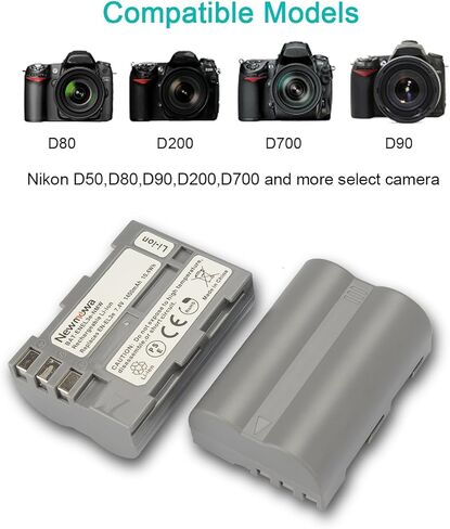 بطارية بديلة Newmowa EN-EL3e (عبوتان) وشاحن USB مزدوج لكاميرات Nikon EN-EL3e وNikon D50، D70، D70s، D80، D90، D100، D200، D300، D300S، D700 in Kuwait