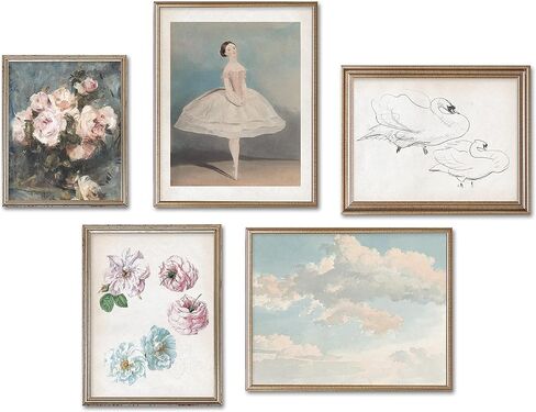 Vintage Moody Powder Room Wall Art Decor - Set of 5 Prints // Paris Wall Art Decor for Bedroom Women // Bohemian Aesthetic Bedroom or Makeup Room Wall Art Posters // Old Fashion Victorian Floral Decor in Saudi Arabia