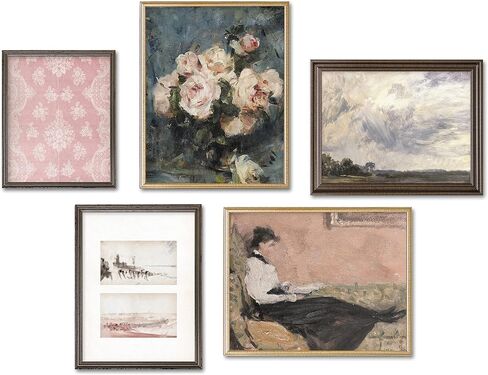 Vintage Moody Powder Room Wall Art Decor - Set of 5 Prints // Paris Wall Art Decor for Bedroom Women // Bohemian Aesthetic Bedroom or Makeup Room Wall Art Posters // Old Fashion Victorian Floral Decor in Saudi Arabia