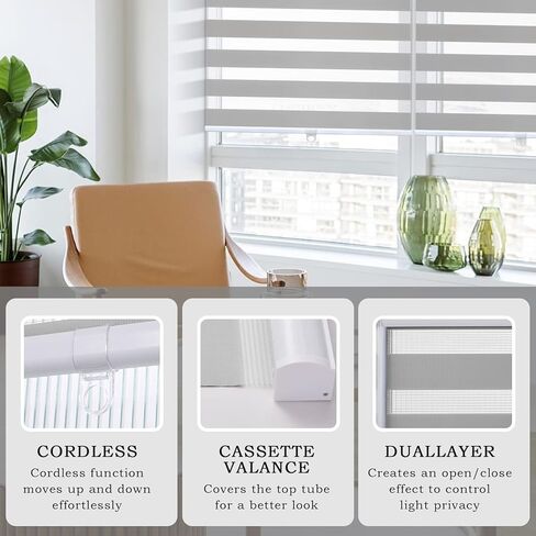 ستائر AOSKY Zebra للنوافذ، ظلال دوارة لاسلكية للمنزل، ظلال نوافذ مجانية، طبقة مزدوجة للتحكم في الإضاءة ليلاً ونهارًا، سهلة التركيب (36 بوصة عرض × 72 بوصة ارتفاع، أبيض) in Kuwait