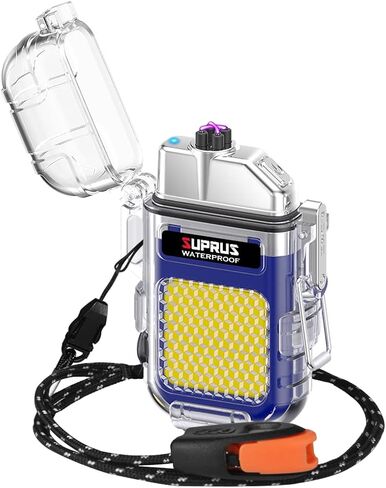 SUPRUS Waterproof 3 Modes of Flashlight Windproof Lighter Dual Arc Electric Rechargeable Dual Arc Plasma Lighter with Survival Emergency Whistle and Lanyard (Black) in Kuwait