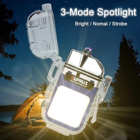 SUPRUS Waterproof 3 Modes of Flashlight Windproof Lighter Dual Arc Electric Rechargeable Dual Arc Plasma Lighter with Survival Emergency Whistle and Lanyard (Black) in Kuwait