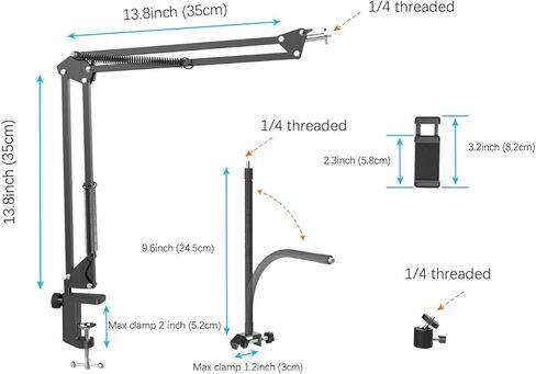 Overhead Tripod for iPhone Compact Camera: Flexible Scissor Arm Ring Light Desk Mount Live Streaming Kit, Phone arm Stand for Online Teaching Webcam Meeting Video Recording Baking Crafting Nail Art in Kuwait