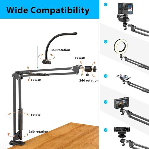 Overhead Tripod for iPhone Compact Camera: Flexible Scissor Arm Ring Light Desk Mount Live Streaming Kit, Phone arm Stand for Online Teaching Webcam Meeting Video Recording Baking Crafting Nail Art in Kuwait