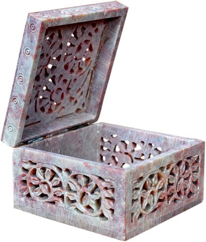 Hashcart Marble Jewelry Box Small Decorative Box Tarot Box Stash Box |Size- 4" x 4" x 2"| Handcarved Soapstone Box Use as Jewelry Tray Ring Dish Ring Holder in Saudi Arabia