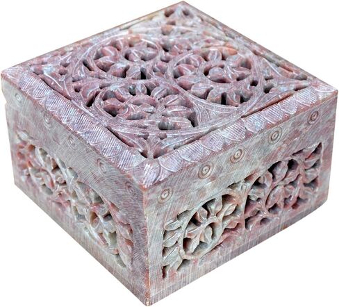 Hashcart Marble Jewelry Box Small Decorative Box Tarot Box Stash Box |Size- 4" x 4" x 2"| Handcarved Soapstone Box Use as Jewelry Tray Ring Dish Ring Holder in Saudi Arabia