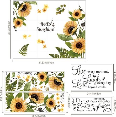 Sunflower 3D Yellow Flower Wall Stickers Decals, Removable Love Laugh Live Flowers Butterfly Wallpaper Decor, DIY Art Mural for Kids Room Nursery Classroom Bedroom Home Decoration(A) in Kuwait
