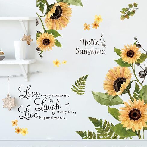 Sunflower 3D Yellow Flower Wall Stickers Decals, Removable Love Laugh Live Flowers Butterfly Wallpaper Decor, DIY Art Mural for Kids Room Nursery Classroom Bedroom Home Decoration(A) in Kuwait