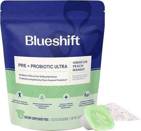 Blueshift Pre + Probiotic Ultra، مزيج مشروب مسحوق البريبايوتك والبروبيوتيك للنساء والرجال، 50 مليار وحدة تشكيل مستعمرات، 10 سلالات، دعم صحة الجهاز الهضمي والمناعة، الكركديه والخوخ والمانجو، 14 عبوة in Kuwait