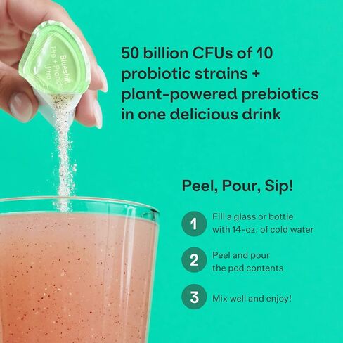 Blueshift Pre + Probiotic Ultra، مزيج مشروب مسحوق البريبايوتك والبروبيوتيك للنساء والرجال، 50 مليار وحدة تشكيل مستعمرات، 10 سلالات، دعم صحة الجهاز الهضمي والمناعة، الكركديه والخوخ والمانجو، 14 عبوة in Kuwait