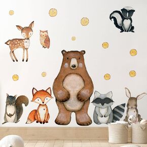 Nursery Animal Wall Decals Peel and Stick, Vinyl Jungle Animal Wall Decals Stickers Watercolor Woodland Animals Bear Fox Owl Squirrel Wall Decor for Baby Toddlers Boys Bedroom Nursery