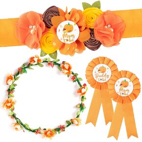 5 قطع مجموعة وشاح الأمومة على شكل اليقطين، تصميم Happy Fall Mommy to Be & Daddy to Be Acacage Pins، تاج الزهور ووشاح الحمل التذكارية للخريف اليقطين جنس يكشف عن طفل دش حفلة صورة هدية in Kuwait