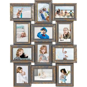 HELLO LAURA - إطار صور مجمعة 12 إطار صور مجمعة عتيق مقاس 18 بوصة × 25 بوصة عرض إطار صورة معلق على الحائط مقاس 4 بوصة × 6 بوصة حافة ذهبية صدئة | نمط مجموعة المعرض