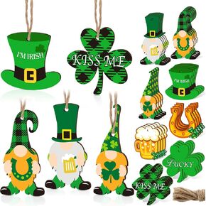 Chunful 32 Pieces St. Patrick's Day Wooden Ornament Shamrocks Clover Gnome Hat Horseshoe Beer Shapes Color Printing Wood Slices Ornaments with Twine for St. Patrick's Day Party Favors in Saudi Arabia