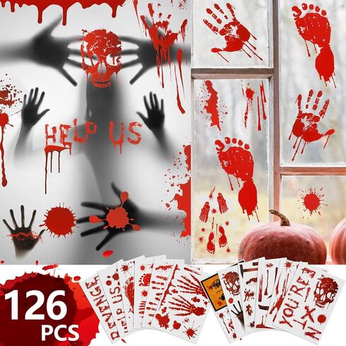 126 Pcs Halloween Decorations Stickers, 12 Sheets Halloween Window Wall Floor Clings Bloody Handprint Footprint Decals Vampire Zombie Party Stickers Decorations Supplies in Saudi Arabia
