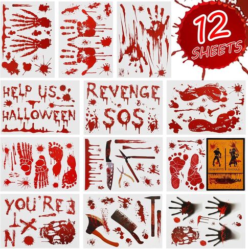 126 Pcs Halloween Decorations Stickers, 12 Sheets Halloween Window Wall Floor Clings Bloody Handprint Footprint Decals Vampire Zombie Party Stickers Decorations Supplies in Saudi Arabia