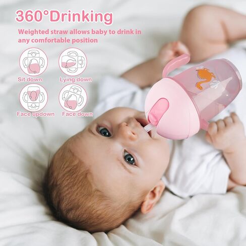 wooshwa Weighted Straw Baby Sippy Cup With Handles,Kids Water Bottle For 12+ Months Baby,10 Ounce(Pink) in Kuwait