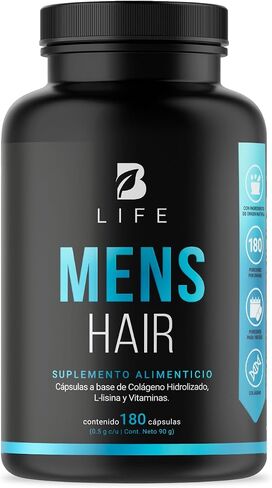 Hair and Beard Vitamins for Men 180 Capsules Hydrolyzed Collagen, L Lysina, Zinc, B5, B6, Biotin and D3. B Life Mens Hair in Kuwait