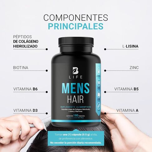 Hair and Beard Vitamins for Men 180 Capsules Hydrolyzed Collagen, L Lysina, Zinc, B5, B6, Biotin and D3. B Life Mens Hair in Kuwait