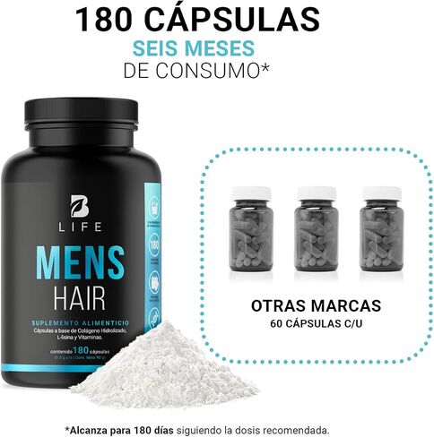 Hair and Beard Vitamins for Men 180 Capsules Hydrolyzed Collagen, L Lysina, Zinc, B5, B6, Biotin and D3. B Life Mens Hair in Kuwait