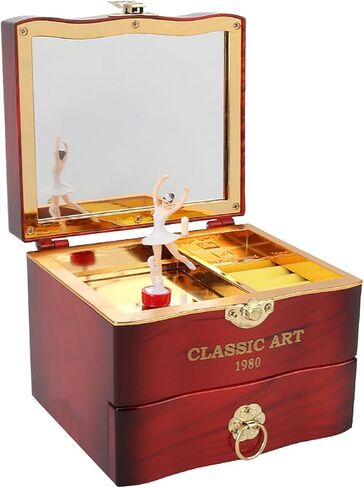صندوق تخزين المجوهرات من Haokaini Retro Music Box، صندوق تخزين خشبي دوار لراقصة الباليه الراقصة فتاة موسيقية، صندوق تخزين حلقي مع درج مرآة لفتاة ابنة هدية عيد ميلاد in Kuwait
