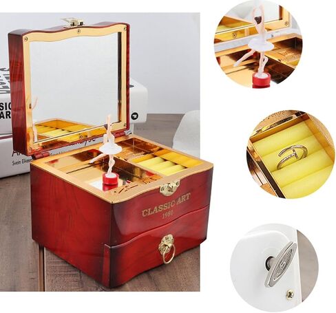 صندوق تخزين المجوهرات من Haokaini Retro Music Box، صندوق تخزين خشبي دوار لراقصة الباليه الراقصة فتاة موسيقية، صندوق تخزين حلقي مع درج مرآة لفتاة ابنة هدية عيد ميلاد in Kuwait