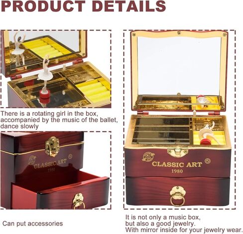 صندوق تخزين المجوهرات من Haokaini Retro Music Box، صندوق تخزين خشبي دوار لراقصة الباليه الراقصة فتاة موسيقية، صندوق تخزين حلقي مع درج مرآة لفتاة ابنة هدية عيد ميلاد in Kuwait