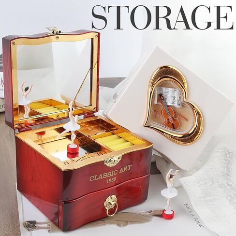 صندوق تخزين المجوهرات من Haokaini Retro Music Box، صندوق تخزين خشبي دوار لراقصة الباليه الراقصة فتاة موسيقية، صندوق تخزين حلقي مع درج مرآة لفتاة ابنة هدية عيد ميلاد in Kuwait
