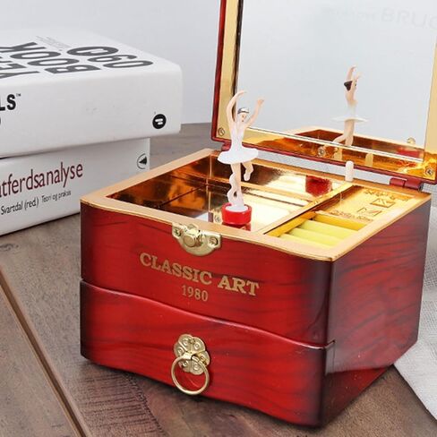 صندوق تخزين المجوهرات من Haokaini Retro Music Box، صندوق تخزين خشبي دوار لراقصة الباليه الراقصة فتاة موسيقية، صندوق تخزين حلقي مع درج مرآة لفتاة ابنة هدية عيد ميلاد in Kuwait