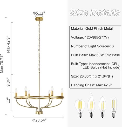Widluth Modern 6-Lights Gold Chandelier Vintage Mid Century 28.54" Candle Style Chandelier Modern Rustic Farmhosue Golden Chandelier for Dining Room, Kitchen Island, Living Room, E12 in Saudi Arabia