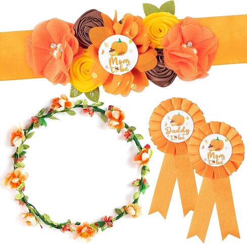 5 قطع مجموعة وشاح الأمومة على شكل اليقطين، تصميم Happy Fall Mommy to Be & Daddy to Be Acacage Pins، تاج الزهور ووشاح الحمل التذكارية للخريف اليقطين جنس يكشف عن طفل دش حفلة صورة هدية in Kuwait