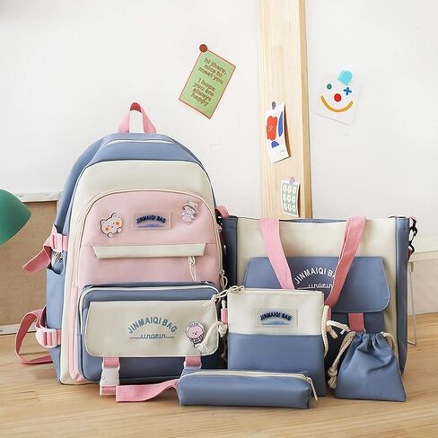 Mordelar 5Pcs Kawaii Cute Backpacks Combo Set with Bear Pendant & Pins - Back To School Supplies Patchwork Bunny Daypack Bag Kit (Blue) in Saudi Arabia