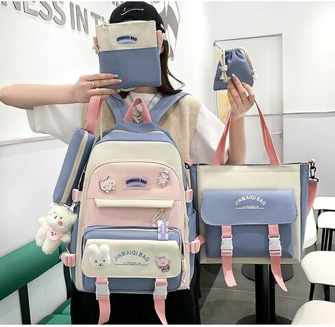 Mordelar 5Pcs Kawaii Cute Backpacks Combo Set with Bear Pendant & Pins - Back To School Supplies Patchwork Bunny Daypack Bag Kit (Blue) in Saudi Arabia