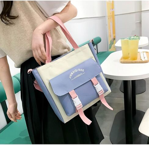 Mordelar 5Pcs Kawaii Cute Backpacks Combo Set with Bear Pendant & Pins - Back To School Supplies Patchwork Bunny Daypack Bag Kit (Blue) in Saudi Arabia