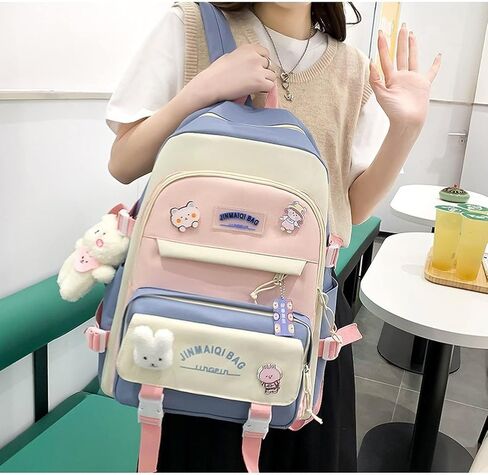 Mordelar 5Pcs Kawaii Cute Backpacks Combo Set with Bear Pendant & Pins - Back To School Supplies Patchwork Bunny Daypack Bag Kit (Blue) in Saudi Arabia