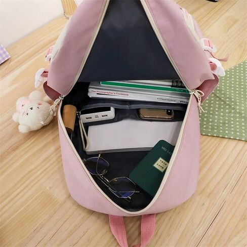 Mordelar 5Pcs Kawaii Cute Backpacks Combo Set with Bear Pendant & Pins - Back To School Supplies Patchwork Bunny Daypack Bag Kit (Blue) in Saudi Arabia