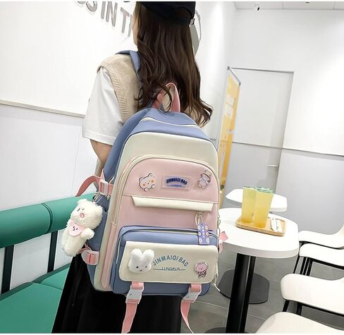 Mordelar 5Pcs Kawaii Cute Backpacks Combo Set with Bear Pendant & Pins - Back To School Supplies Patchwork Bunny Daypack Bag Kit (Blue) in Saudi Arabia