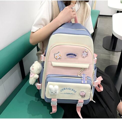 Mordelar 5Pcs Kawaii Cute Backpacks Combo Set with Bear Pendant & Pins - Back To School Supplies Patchwork Bunny Daypack Bag Kit (Blue) in Saudi Arabia