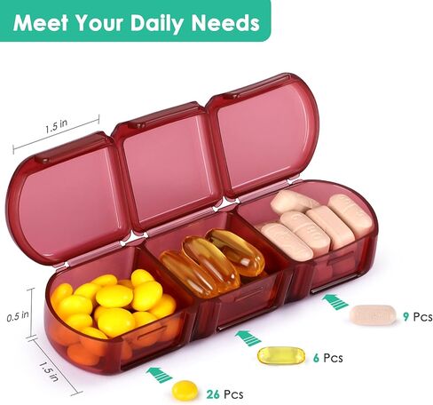 3 عبوات من علب حبوب الدواء الصغيرة والثابتة، علبة حبوب صغيرة للجيب 3 مرات في اليوم، صندوق حبوب صغير للسفر، موزع حبوب الدواء (كستنائي) in Kuwait