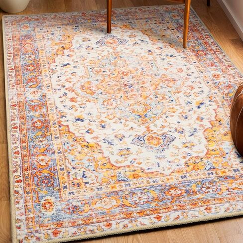 MUJOO Machine Washable Rugs 2'x3 ' Small Area Rugs Non Slip Boho for Entryway Kitchen Bathroom Bedroom Vintage Soft Low-Pile Navy Blue Area Rug. in Kuwait