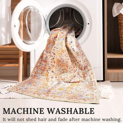 MUJOO Machine Washable Rugs 2'x3 ' Small Area Rugs Non Slip Boho for Entryway Kitchen Bathroom Bedroom Vintage Soft Low-Pile Navy Blue Area Rug. in Kuwait