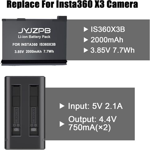 مجموعة JYJZPB 360 X3 لبطارية Insta 360، عبوتان بطارية 2000 مللي أمبير في الساعة واحدة X3 وشاحن USB مزدوج متوافق مع كاميرا Insta360 X3 in Kuwait