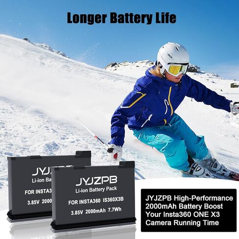 مجموعة JYJZPB 360 X3 لبطارية Insta 360، عبوتان بطارية 2000 مللي أمبير في الساعة واحدة X3 وشاحن USB مزدوج متوافق مع كاميرا Insta360 X3 in Kuwait