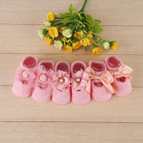 Zerodis 3pairs Set Baby Cotton Floor Sock with Bow Tie, Cute Lace Flower Design Anti slip Non Skid Ankle Socks for Newborn Toddler Infant(M) in Saudi Arabia