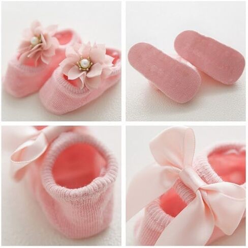 Zerodis 3pairs Set Baby Cotton Floor Sock with Bow Tie, Cute Lace Flower Design Anti slip Non Skid Ankle Socks for Newborn Toddler Infant(M) in Saudi Arabia