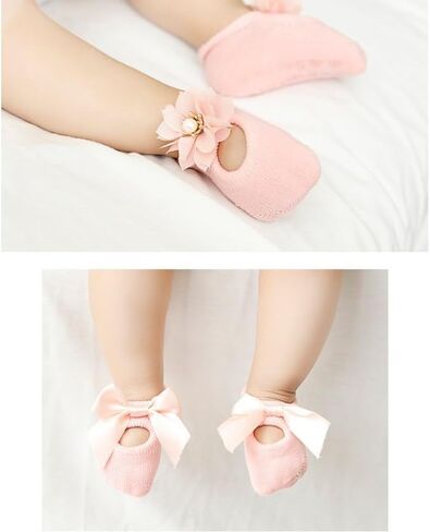 Zerodis 3pairs Set Baby Cotton Floor Sock with Bow Tie, Cute Lace Flower Design Anti slip Non Skid Ankle Socks for Newborn Toddler Infant(M) in Saudi Arabia