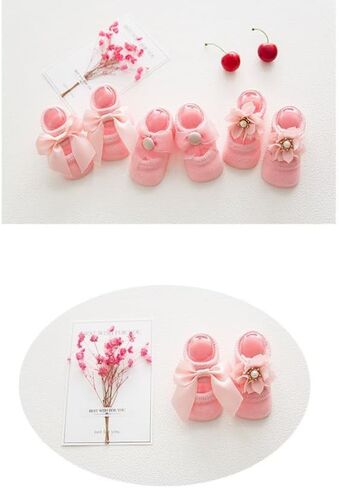 Zerodis 3pairs Set Baby Cotton Floor Sock with Bow Tie, Cute Lace Flower Design Anti slip Non Skid Ankle Socks for Newborn Toddler Infant(M) in Saudi Arabia