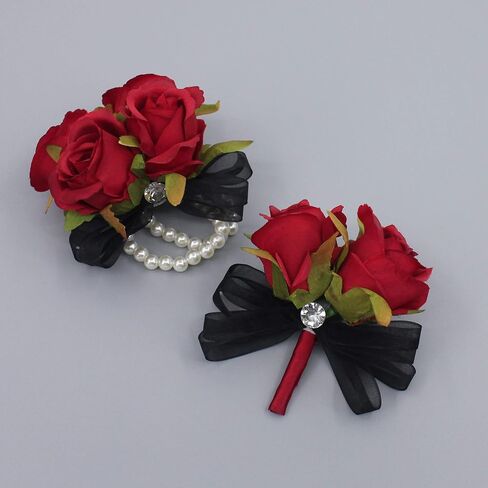 مجموعة Abbie Home Prom Rose Corsage Boutonniere، زهور ذات ملمس حقيقي لحفلات الرقص وحفلات الزفاف مع ديكور فيونكة من الدانتيل (أحمر) in Saudi Arabia